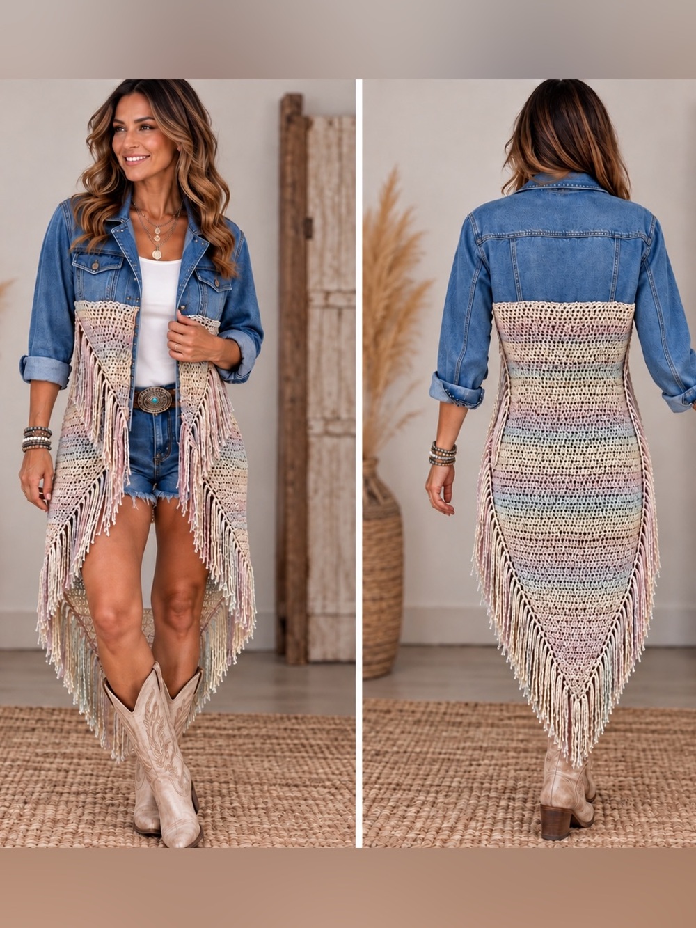 Upcycled Boho Fringe Crochet Denim Duster